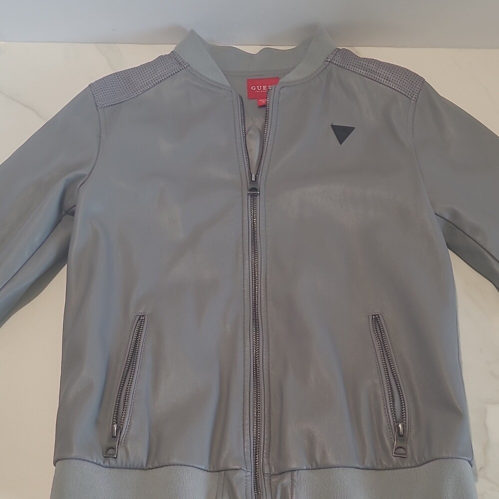 GUESS Boys Gray Faux Leather Basic Jacket Full Zip Size 14
